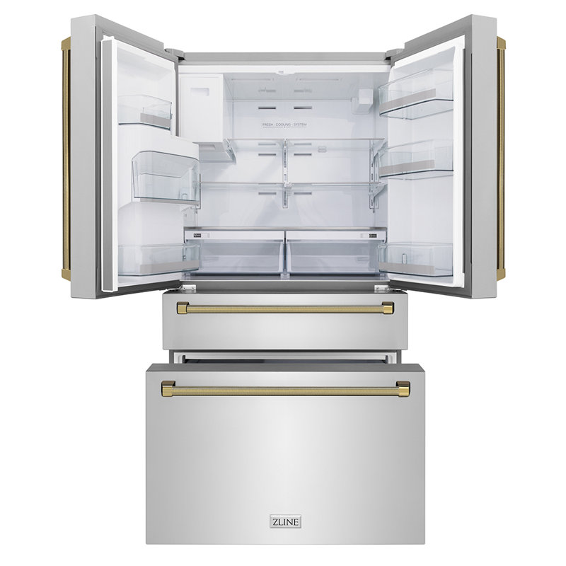 ZLINE Autograph 36 in. Stainless Counter-Depth Fridge w/ Water Dispenser & Gold Helix Handles, Polished Nickel