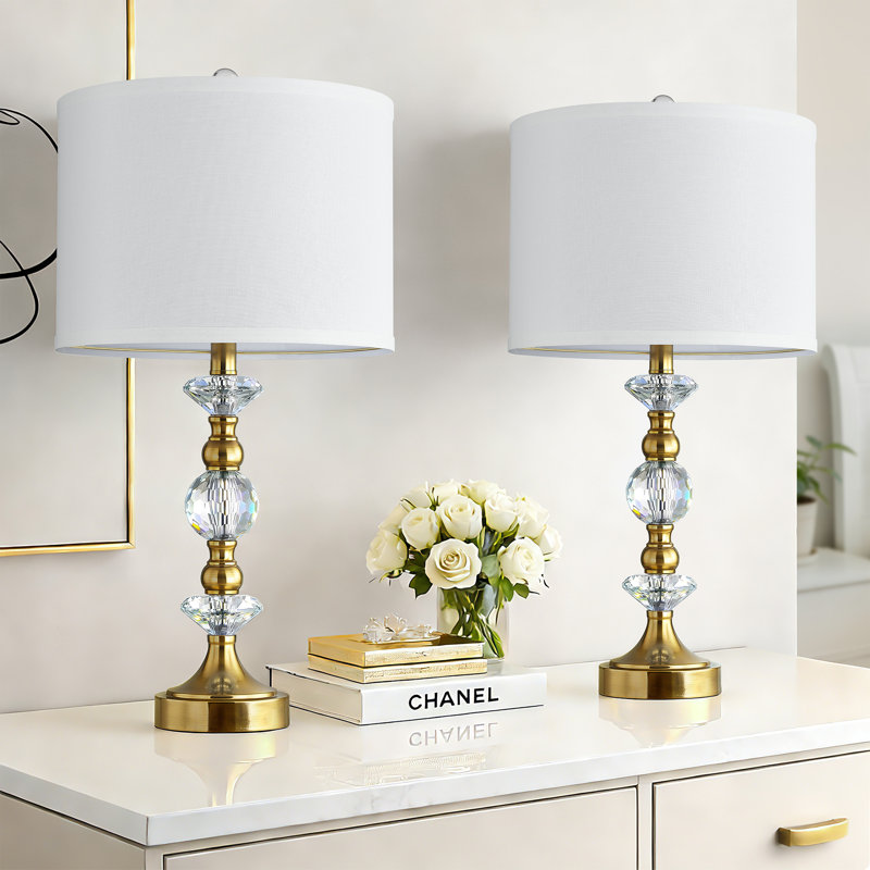 Lampe de table en cristal 25,5 po Morkus avec lumière à 3 intensités et ports USB Type-C, Antique Brass