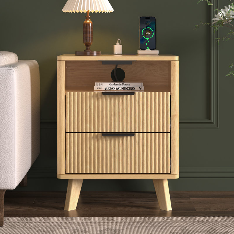 17.7'' W 2-Drawer Nightstand with Charging Station, Fluted Bedside Table with Open Cubby