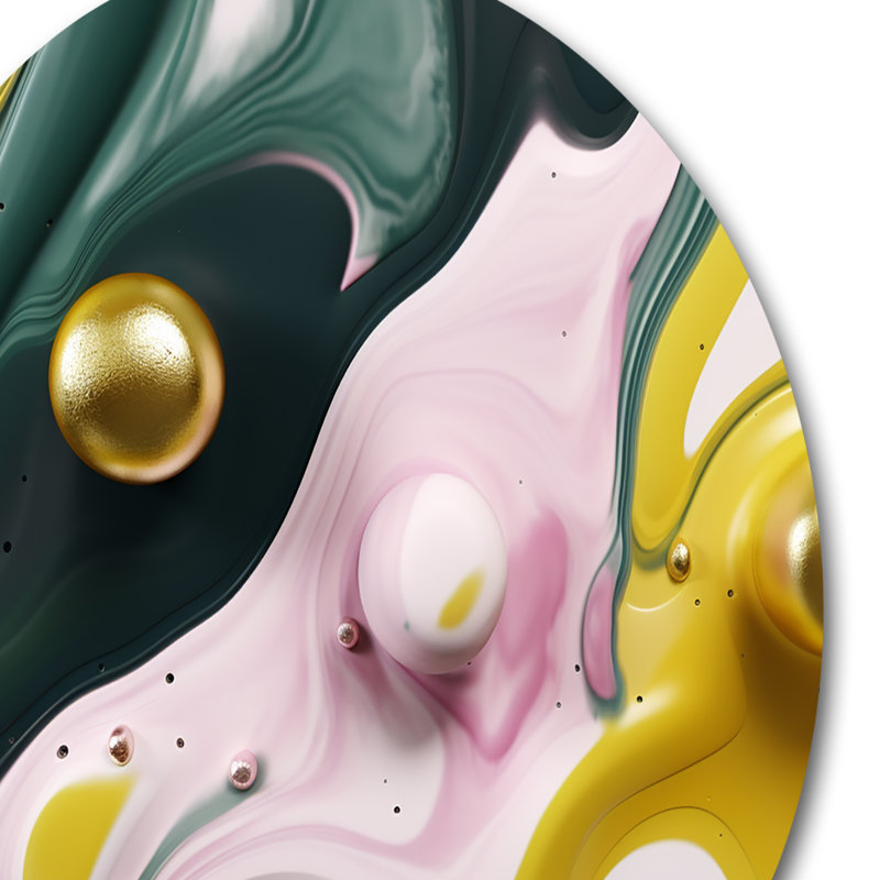 Jaune et vert pierre fluide II - marbre abstrait, art mural rond sur métal, H 16 po x l 16 po x P 1 po
