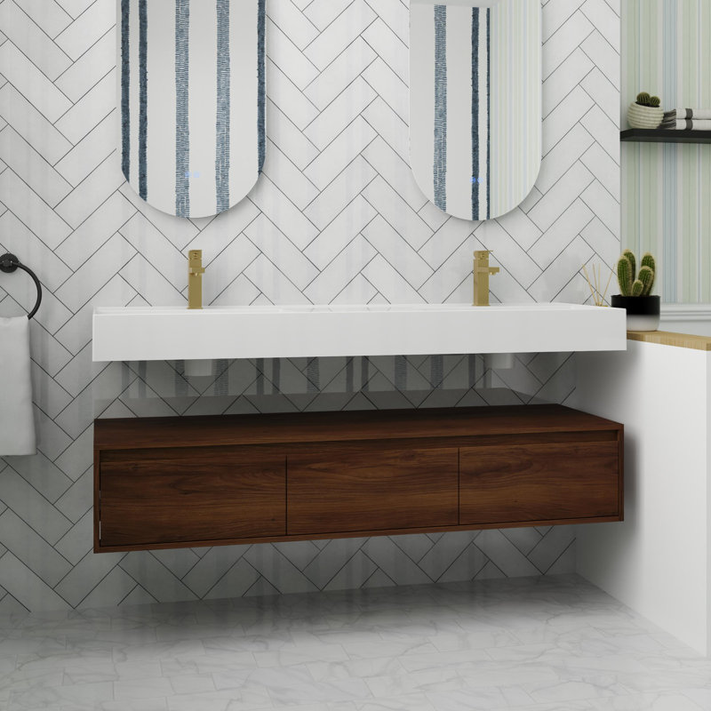 Meuble-lavabo flottant de 60 po avec tiroir à fermeture en douceur, Brun