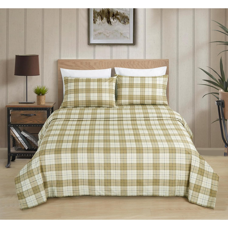 Queen Tan Beige Blue Plaid Microfiber Deep Pocket Sheet Set
