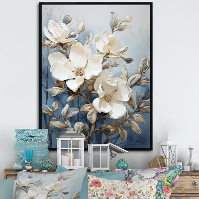 Art mural bleu et blanc peint Magnolias