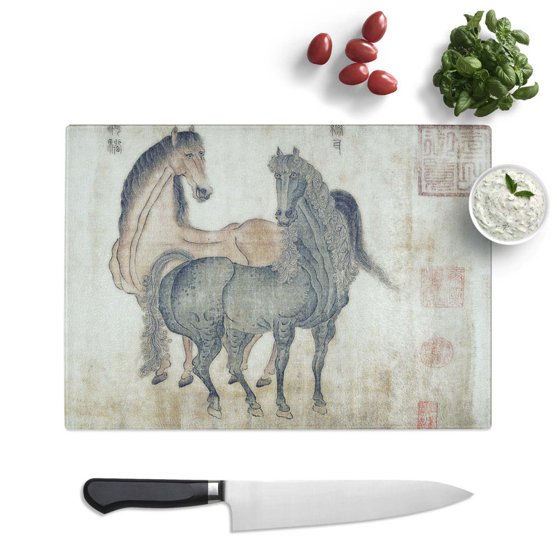 Tempered Glass Two Horses by Zhao Mengfu Chopping Board, 28.5 cm x 20 cm