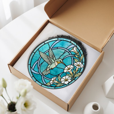 Hummingbird Flowers Stained Glass Window Panel，7.8H