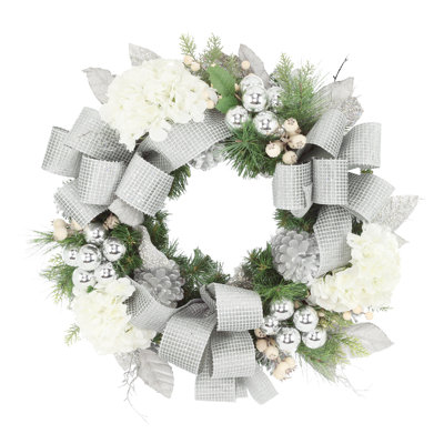 26" Evergreen Wreath with Hydrangeas, Ornaments and Ribbons