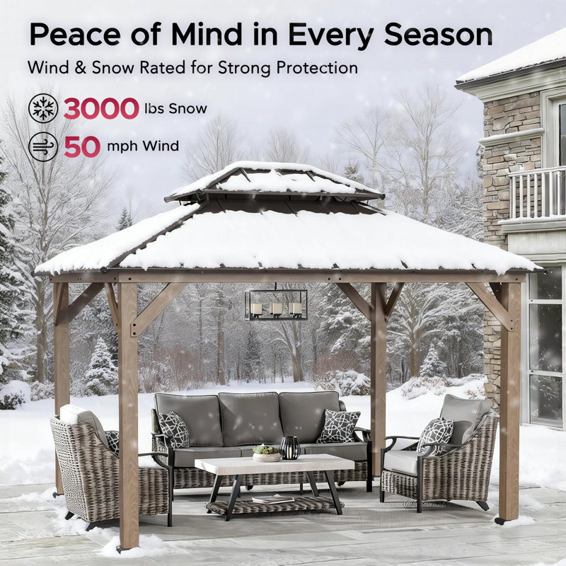 Sunjoy 10 x 12 ft. Wood Gazebo, Outdoor Patio Steel Hardtop Gazebo, Cedar Framed Wooden Gazebo with 2-Tier Metal Roof, Suitable for Patios, Lawn and Backyard
