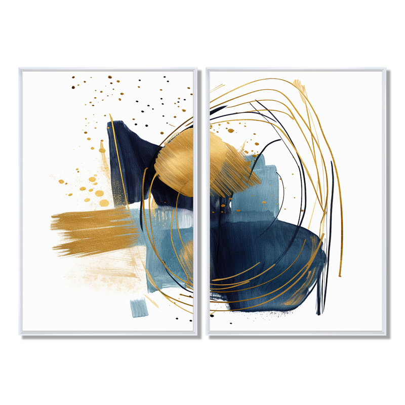Motif de toile moderne bleu foncé et doré à motif 16 bandes sur 2 panneaux, 36" H x 48" W, Impression encadrée flottante