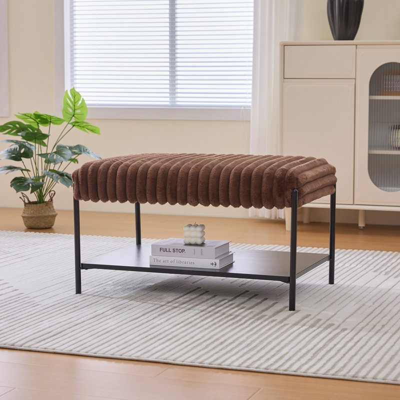 30.7 Wide Upholstered Ottoman Coffee Table with Open Storage Shelf and Metal Legs, Soft Faux Fur Footstool for Living Room