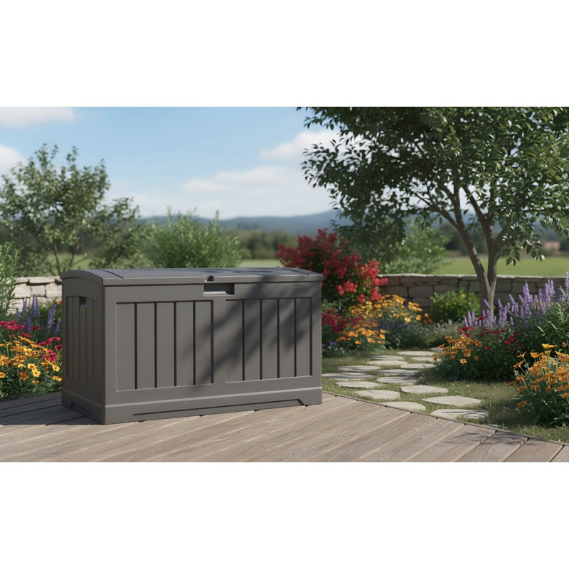 Boîte de rangement pour terrasse en résine au fini poivre 50 gallons, contenant extérieur résistant aux intempéries avec couvercle arqué pour patio, jardin, piscine et terrasse
