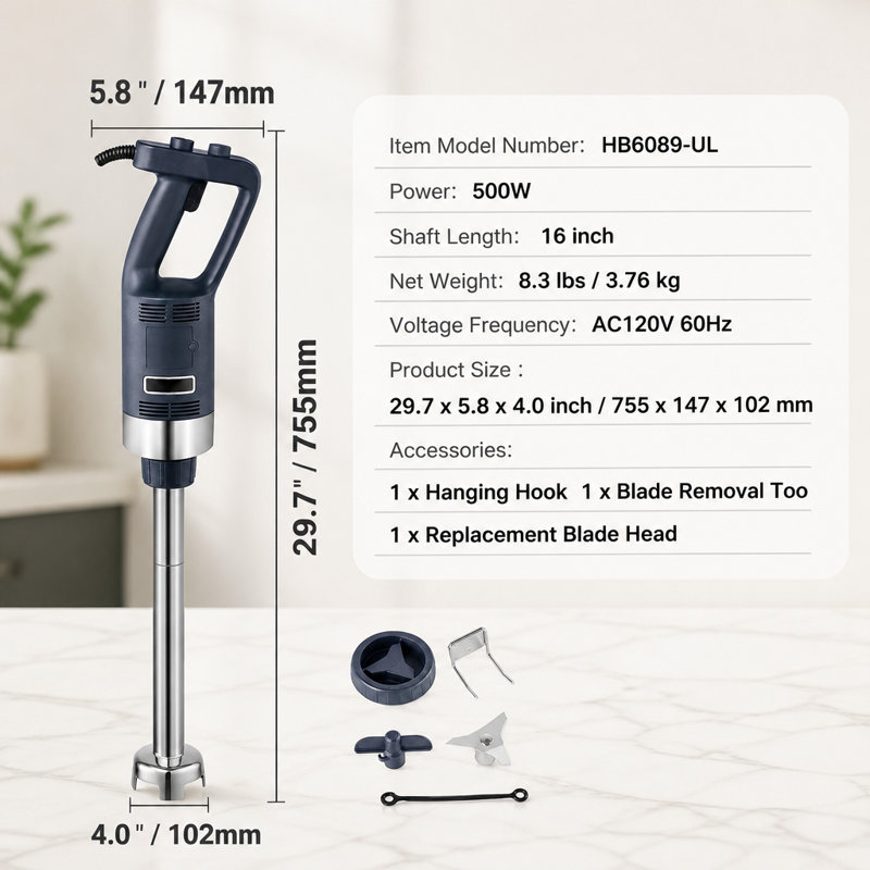 Commercial Immersion Blender 500W Heavy Duty Hand Mixer 16 Inch Stepless Variable Speed with Stainless Steel Blade