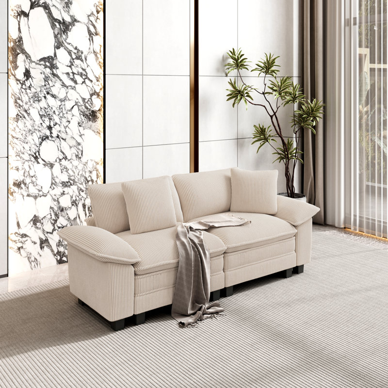 2 Seater Chenille Sofa & Chaise, Beige Corduroy