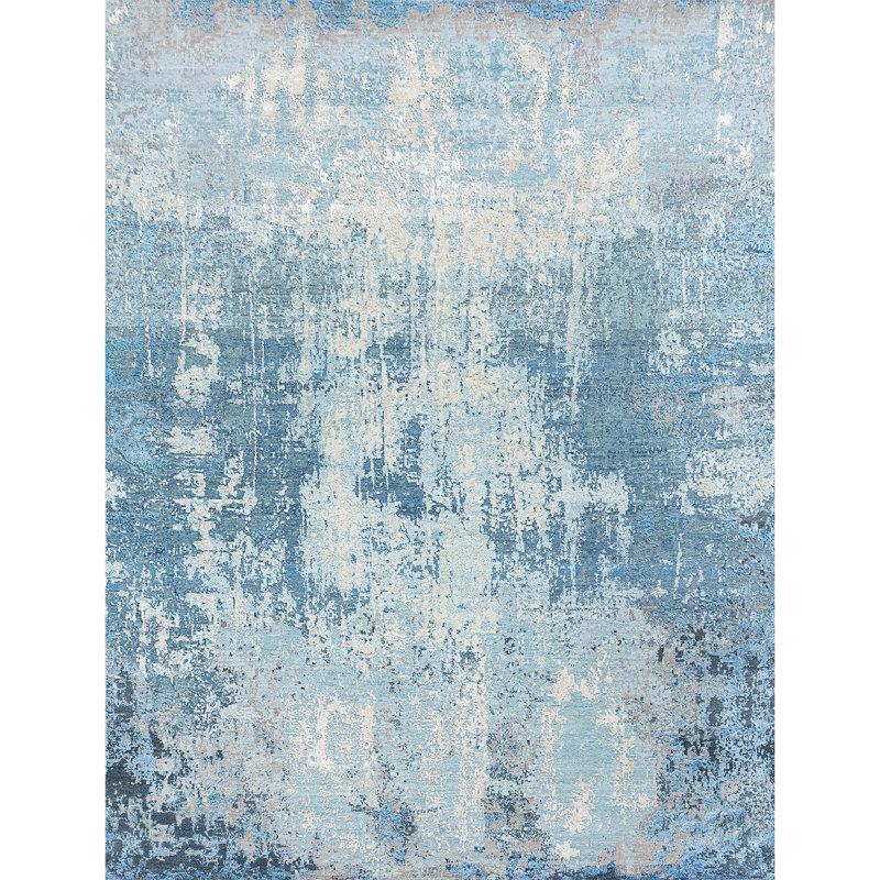 Tapis bleu et bleu clair de haute qualité noué à la main, Rectangle 10 pi x 14 pi