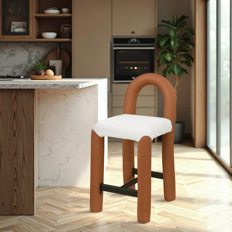 Amari Stool, Vegan Leather & Boucle Fabric, Cognac
