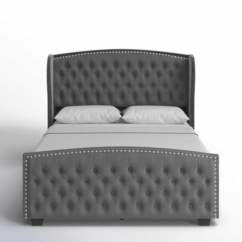 Très grand lit tapissier capitonné DuJuan, Très grand, gris