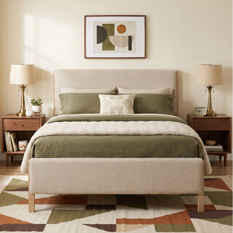 Lit tapissier moderne moderne, double, lin beige, Beige, Full