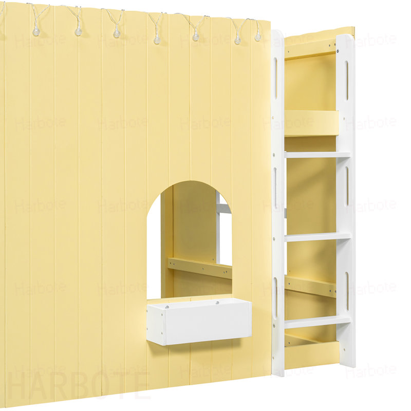 Lit mezzanine double pour enfant avec guirlande lumineuse à DEL, jaune primevère, Jaune