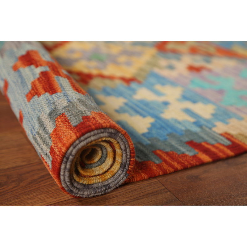Geometric Handmade Flatweave Rectangle 5'1" x 6'6" Wool Area Rug in Oranges/Rust