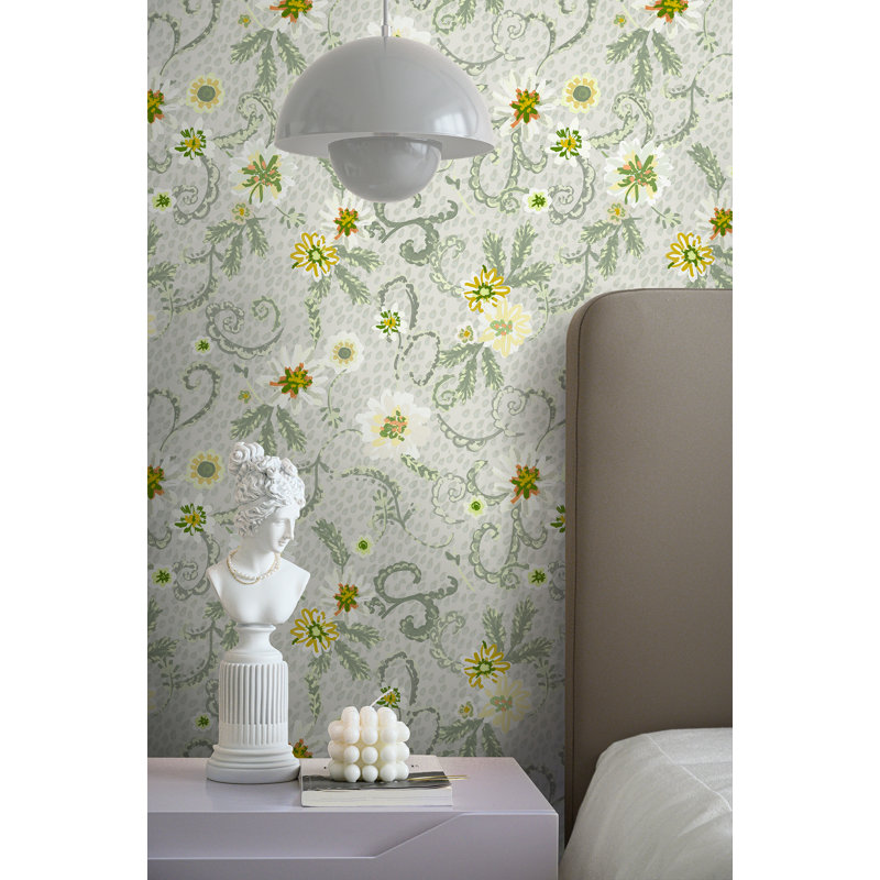 Yuki Osada Floral Non-Pasted Satin Wallpaper Double Roll, Green/White