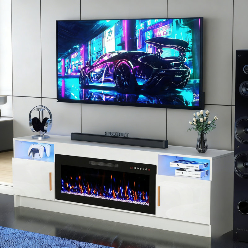 70" Fireplace TV Stand with 20-Color LED Lights for TVs up to 75", WHITE