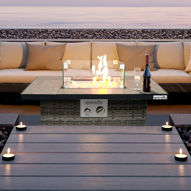 Square Wicker Propane Gas Fire Pit Table with Glass Guard