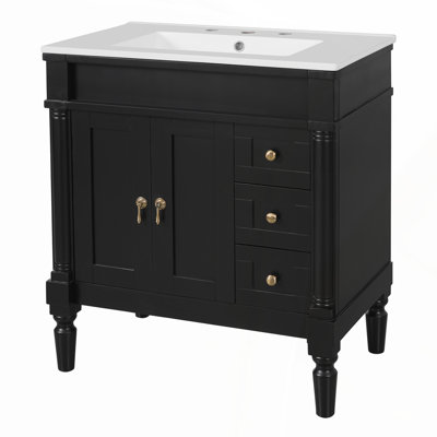 Meuble-lavabo moderne de 30 pouces avec bois massif, panneau de fibres à densité moyenne, lavabo en céramique et grand rangement, conception à fermeture en douceur, tablette en forme de U