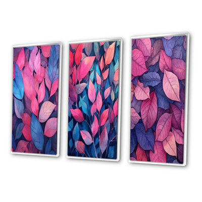 «Pink Blue Leafs Harmony», 3 pièces sur toile