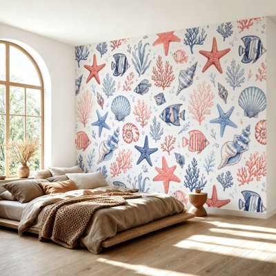 Wall Mural Peel and Stick Wallpaper Sea seashell coral starfish seamless ocean Beach marine vintage style Self-Adhesive Removable Contact Paper Wall Decor for Living Room Bedroom 69"H x 96"W