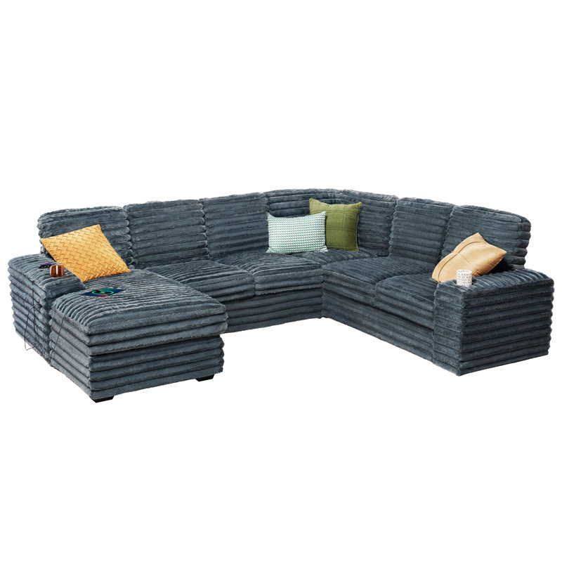 Glendora 112'' Sectional Sofa with USB Charging, Chaise Storage & Cup Holders, Gray Faux Fur