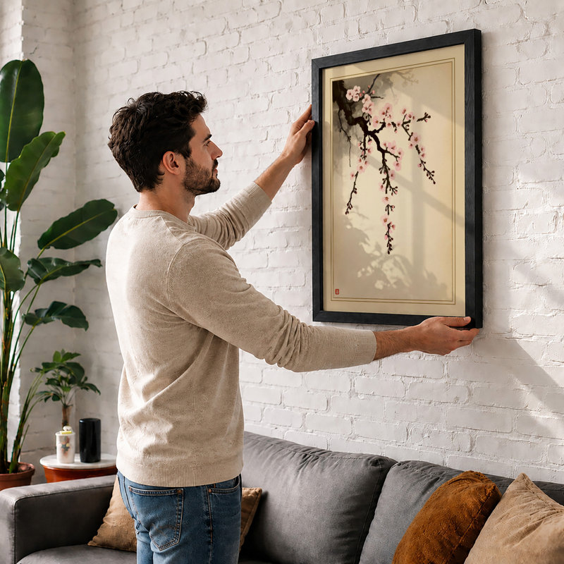 Moonlit Cherry Blossom Japandi - Framed Print, A2 - 59.4 x 42.0 cm, White