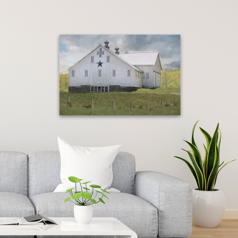 Country Charm Barn - Modern Farmhouse Vintage White Barn Blue Star, H 24 po x l 36 po