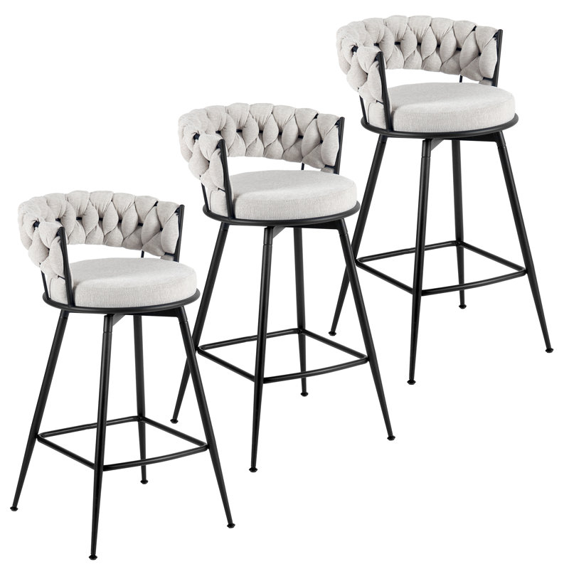 Modern Beige Upholstered Bar Stool With Woven Look Backrest & Fixed Black Metal Frame Stable Counter Height Stool For Kitchen Breakfast Bar Or Cafe, Set Of 3