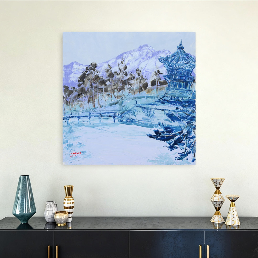 Tranquil Blue Winter Pagoda Peaceful Serene Traditional Architecture Landscape Wall Art Print