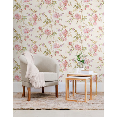  Designs Metallic Eggshell & Petal Pink Vesper Floral Trail Unpasted Wallpaper