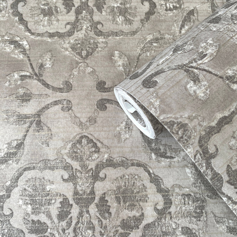 Elegance Collection Floral Stripe Shimmer Finish Wallpaper Roll, Gray