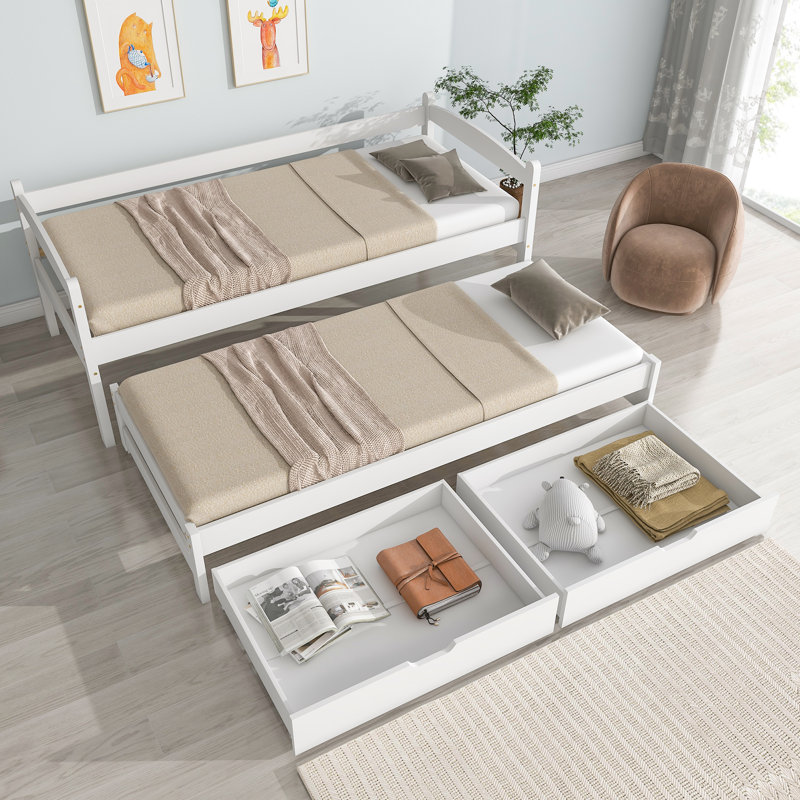 Daybed With Extendable Single To Double Bed, Rolling Trundle & 2 MDF Drawers – Solid Wood Frame, White