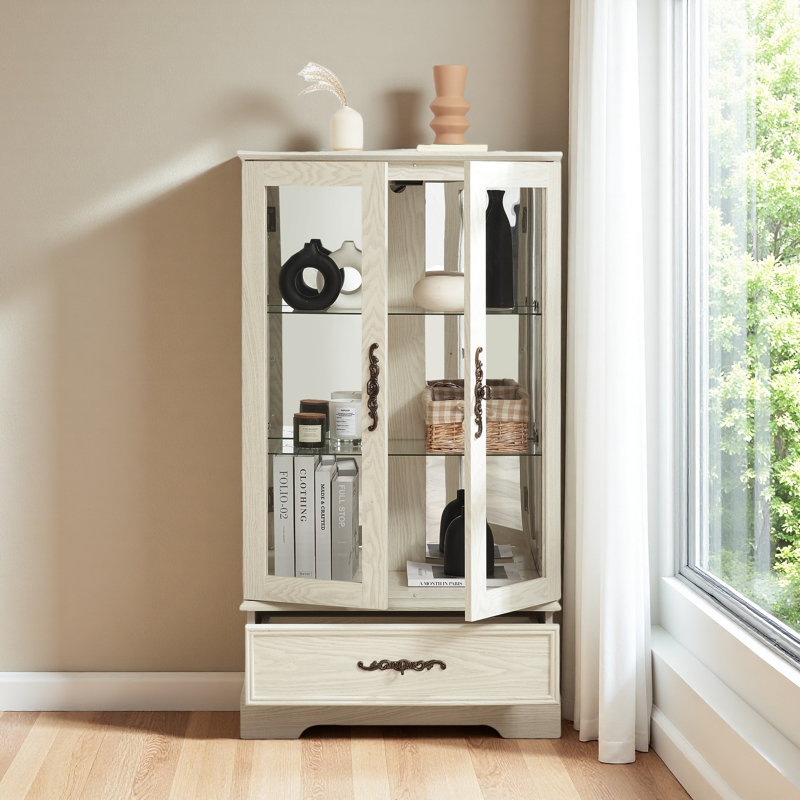 Lighted Glass Curio Cabinet With Adjustable Shelves - Elegant 2-Door Display Cabinet & Built-In Drawer, Includes Bulb, White