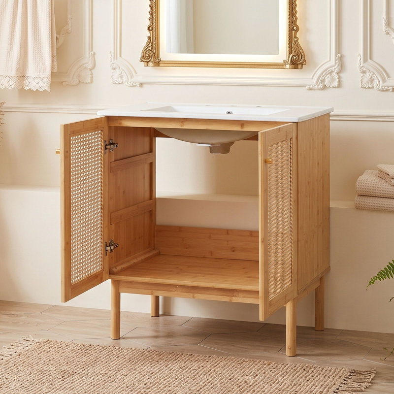 Meuble-lavabo en bambou avec lavabo en céramique et portes en rotin