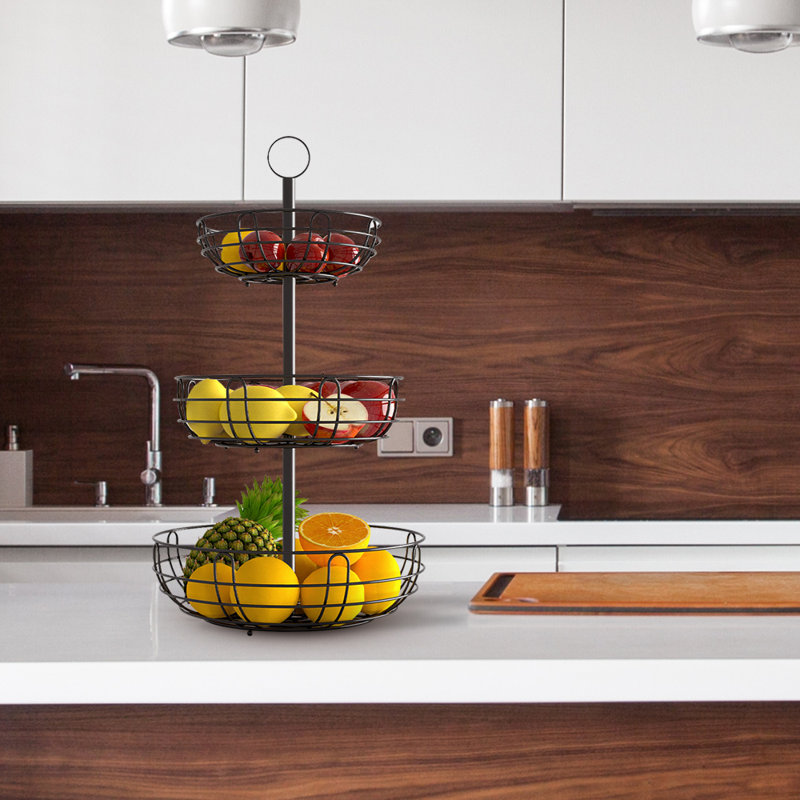 Panier à fruits à 3 niveaux avec support à main, panier décoratif pour comptoir en bronze
