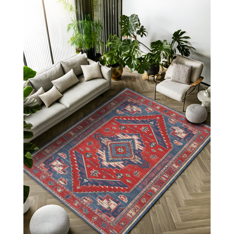 Martwon Collection Digital Print Cotton-Polyester Red Navy Rug, Runner 4' x 9'11"