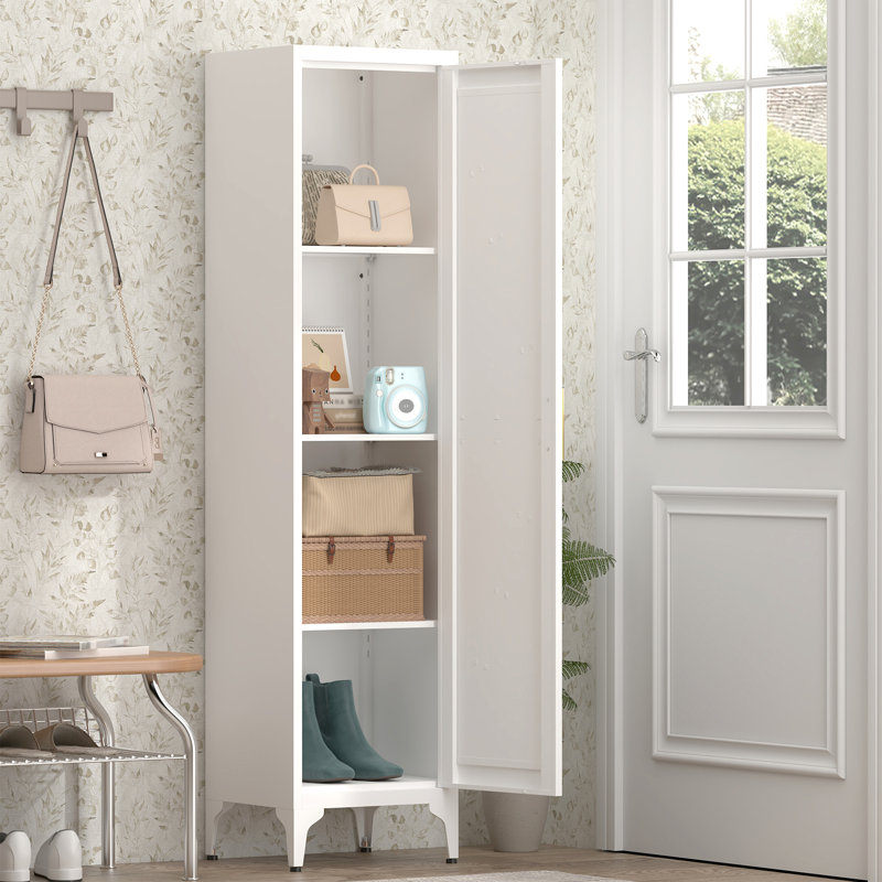 Grand garde-manger étroit en métal de 65 pouces de hauteur, organisateur de rangement mince blanc avec porte réversible et tablettes réglables