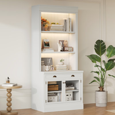 Bibliothèque de 83,4 po de hauteur avec éclairage à DEL, 2 portes en verre, 1 tiroir et 3 tablettes ouvertes, hauteur blanche moderne, lumières, tablettes de rangement pour les besoins de décoration de salon