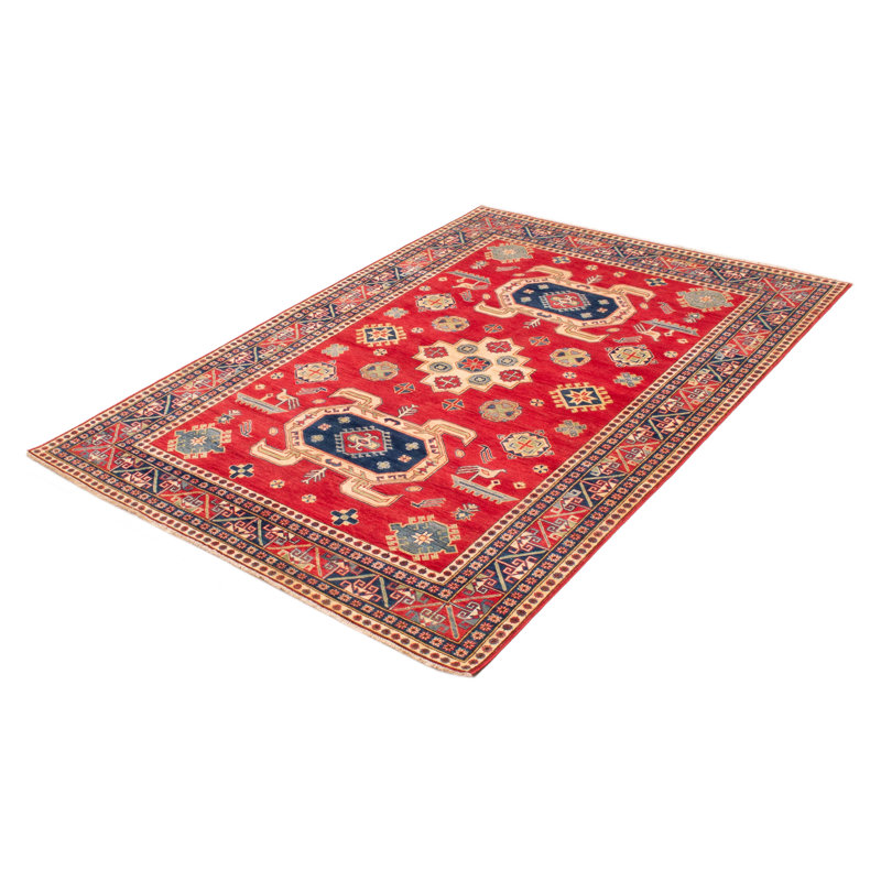 Tapis rouge / bleu en laine noué à la main de conception unique 6 pi 7 po x 9 pi 6 po New Age