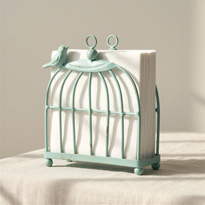 Bird Napkin Holder, Mint Green Distressed Metal Birdcage Stand with Perched Bird Accent 