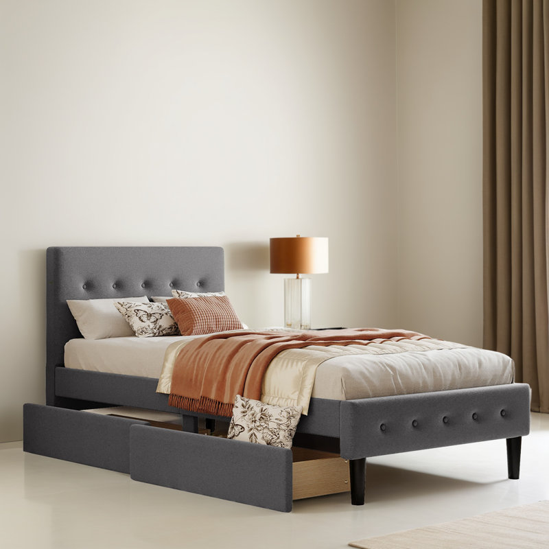 Structure de lit simple tapissier avec 2 tiroirs, Gris