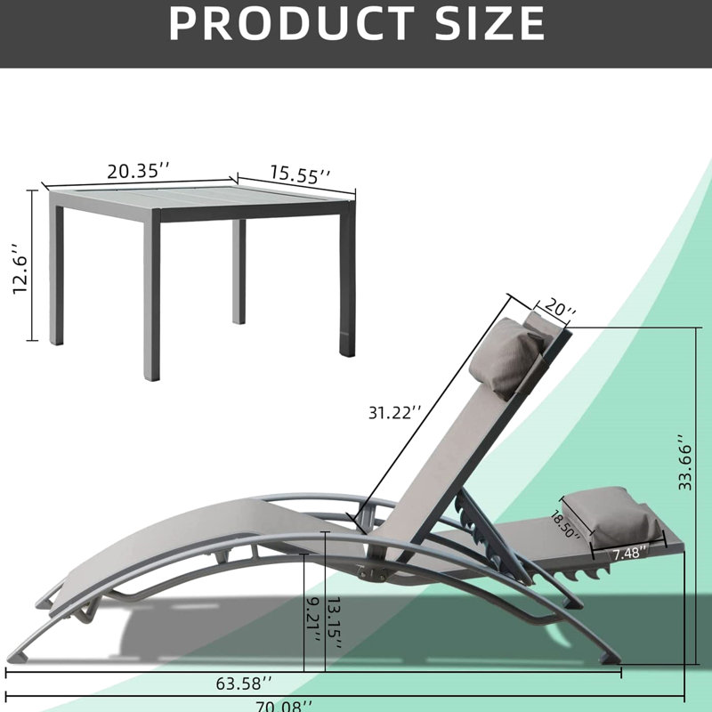 Méridienne Poolside Of 3 - Méridienne d'extérieur réglable en aluminium avec table en métal pour (gris) 2 chaises + 1 côté (3, gris): terrasse