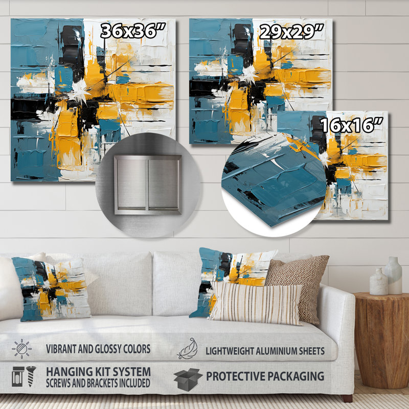 «Blue and Yellow Paint Elegance I», reproduction d'art murale abstraite en métal, H 16 po x l 16 po
