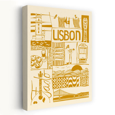 Affiche murale représentant les icônes de la ville de Lisbonne, un oiseau abstrait traditionnel et l'architecture urbaine