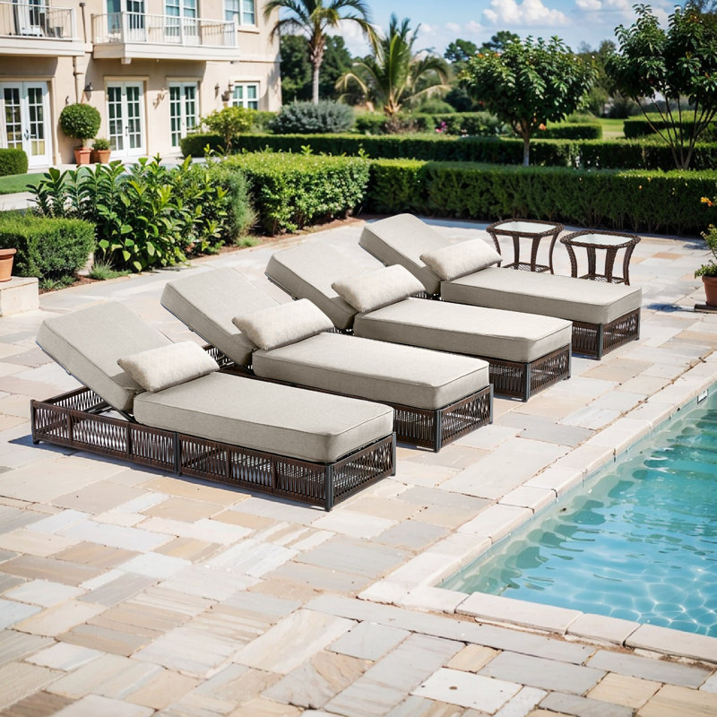 Wickes 6-Piece Outdoor Chaise Lounge Set With 2 Side Tables, 4 All-Weather Wicker Recliners, Beige
