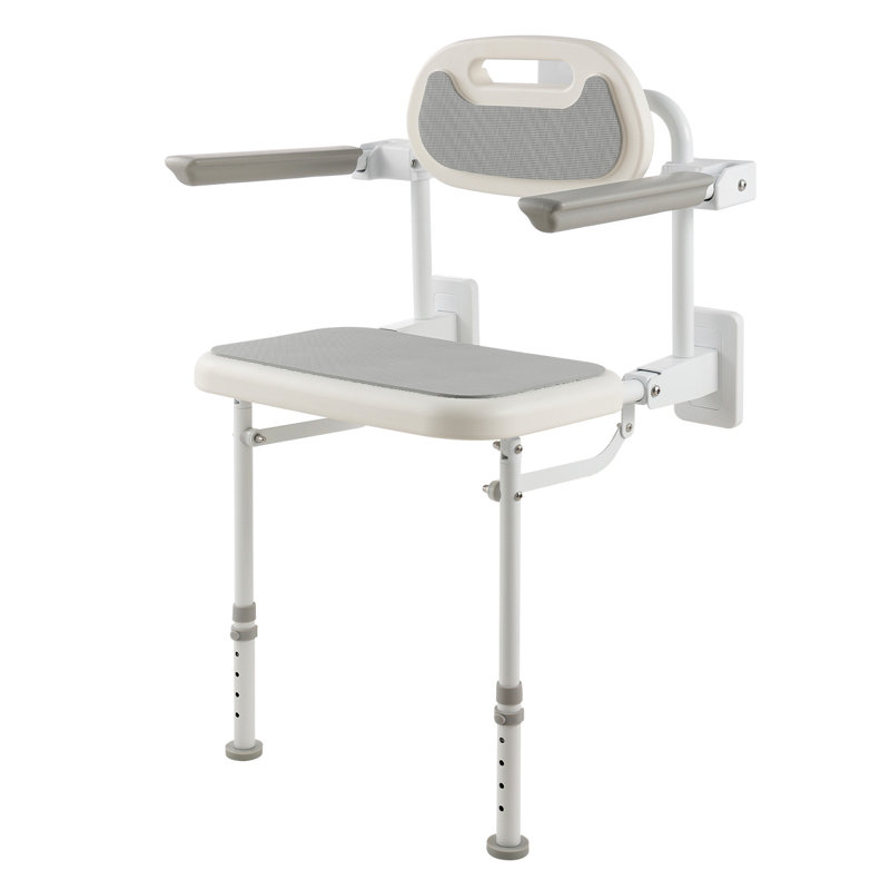 Foldable Shower Chair Wall Mounted, 18" Folding Shower Seat with Backrest, Armrest & Adjustable Legs, HDPE Fold-Down Bathroom Chair Stainless Steel Frame for Adults Seniors, 330LBS Loading